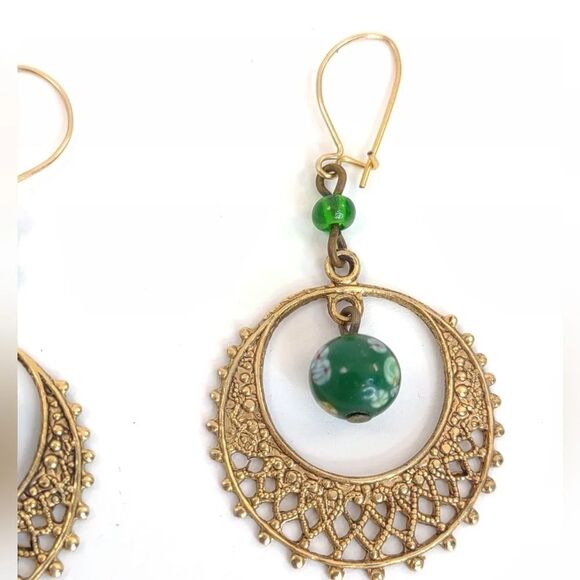 Gatsby 1920's Earrings Filigree Crescent Hoop Earrings with Bead Drops Gold - Picture 3 of 9